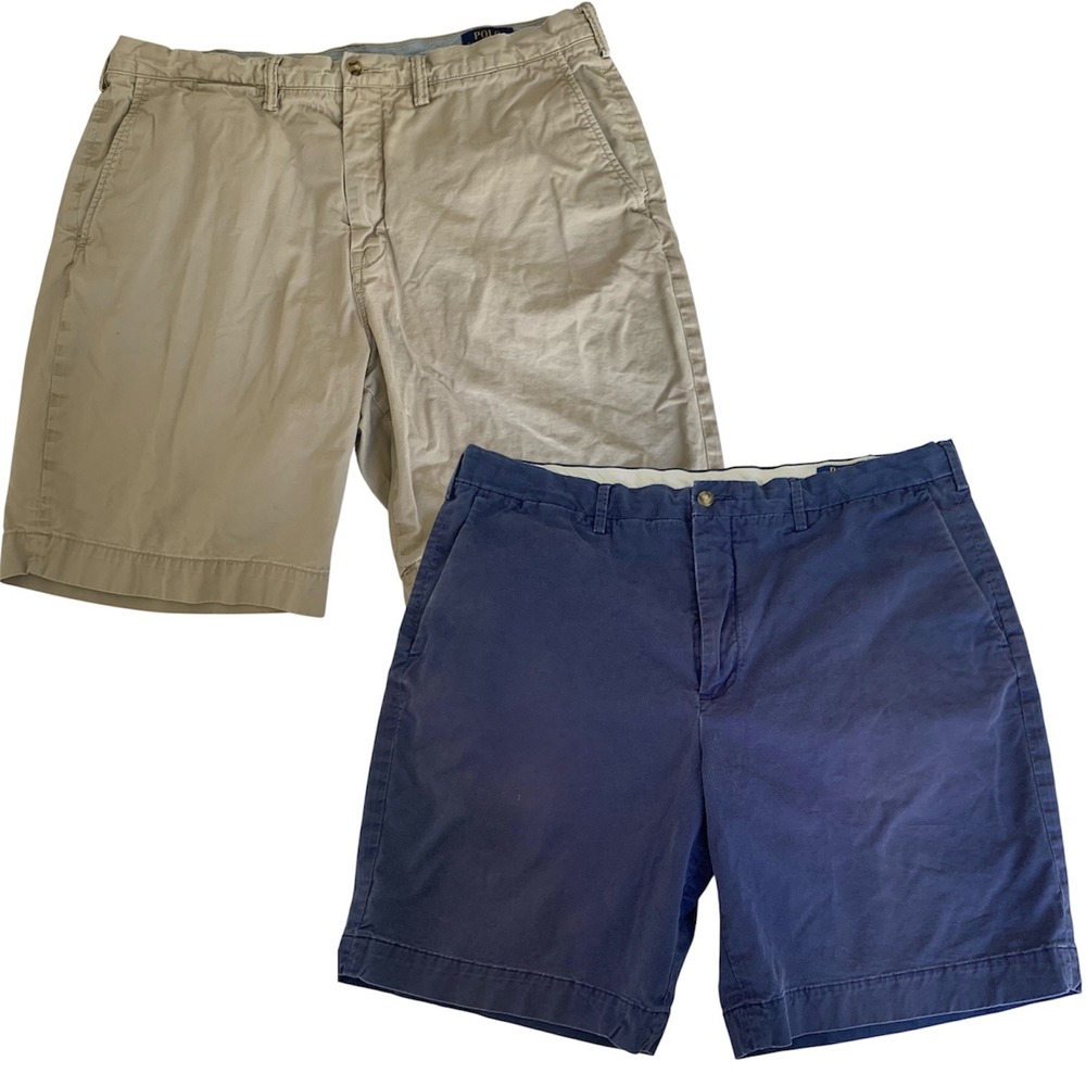 Lot of 2 Polo Ralph Lauren Chino Shorts Men 38 Tan Navy Blue Stretch Classic Ivy